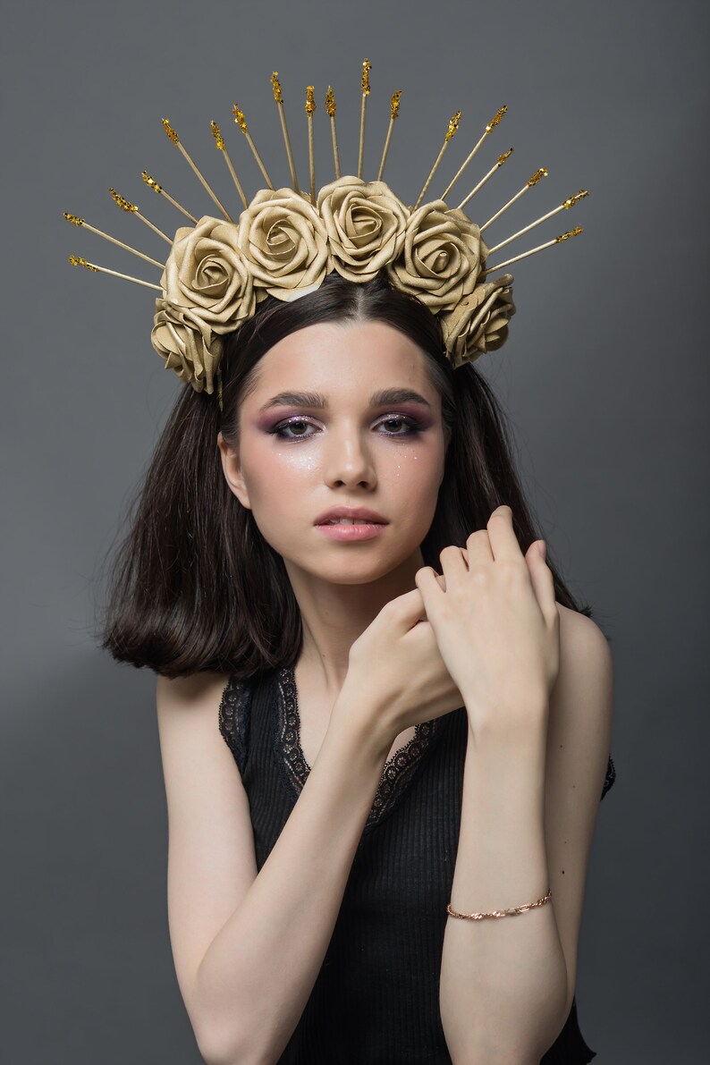 Gold Goddess Crown Bridal Flower Crown Sunburst Headpiece Etsy