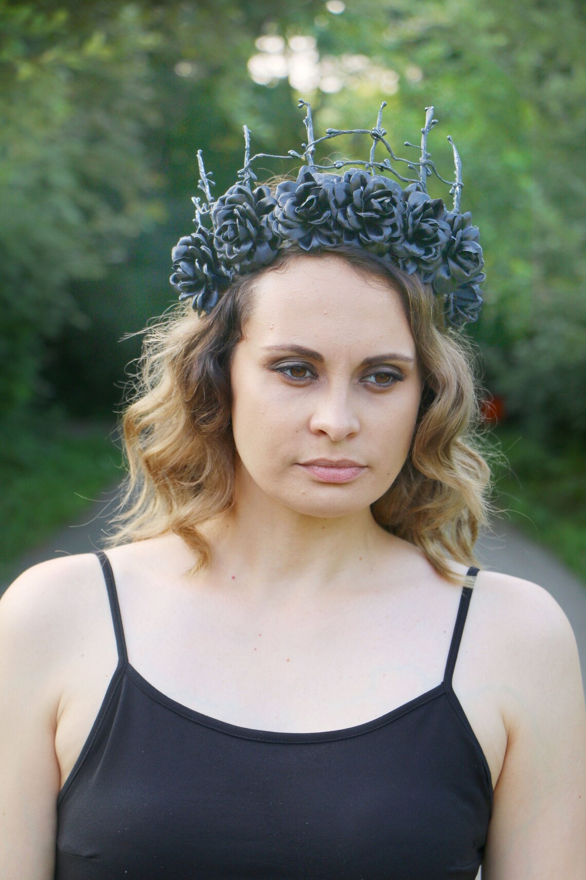 Black flower crown Gothic headpiece Forest crown Halloween | Etsy