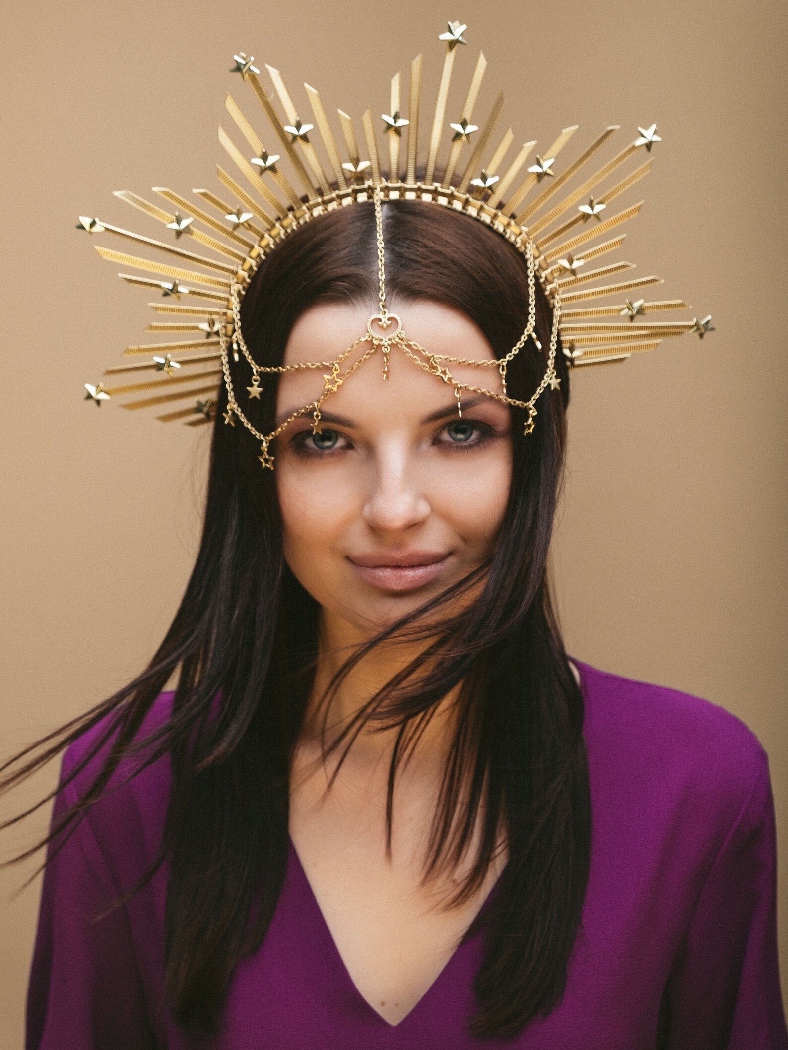 Star Crown Celestial Headpiece Gold Wedding Halo Crown Face Etsy