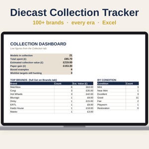 May include: A digital spreadsheet titled Diecast Collection Tracker displayed on a laptop screen. The dashboard shows collection statistics including models, total spent, estimated value, and a breakdown of brands and conditions in British pounds.