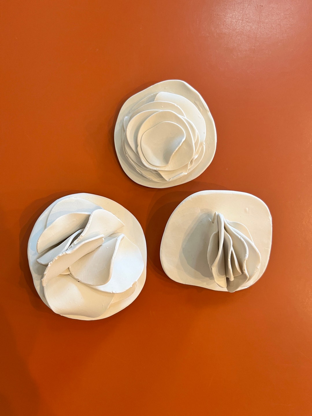Set of Three Small White Clay Tiles. Ready to Hang. Minimalistdecor