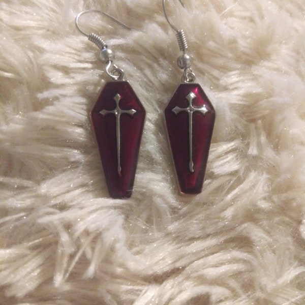 Glistening Red Silver Crossed Coffin Earrings; Blood Red Casket Earrings; Cross bearing Coffin Hypoallergenic Earrings