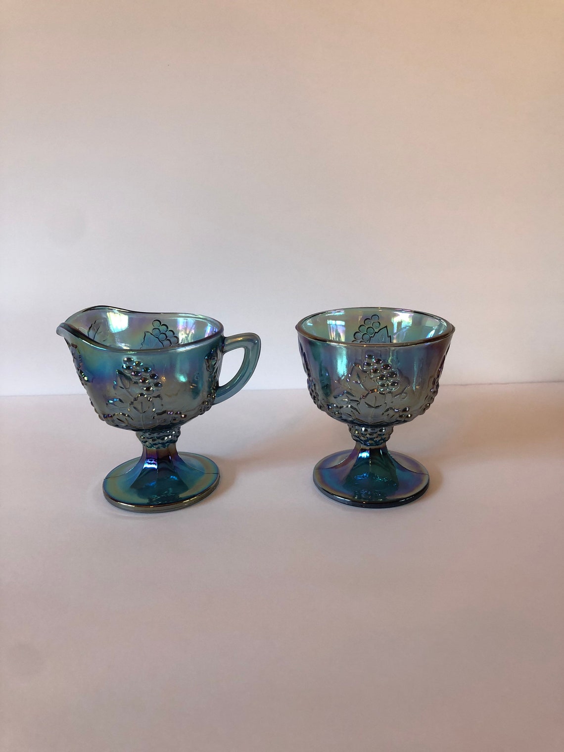 Vintage Blue Carnival Glass Creamer and Sugar Etsy