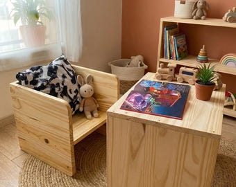 Chaise Modulable 3-en-1 | Assise Basse, Haute & Table | Meuble Polyvalent Enfant | Chaise Bois Naturel | Chambre, Bureau, Salle de Jeu