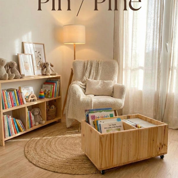 Estantería infantil con ruedas | Muebles Montessori bajos | Librero de madera | Estantería móvil para habitación infantil | Rincón de lectura
