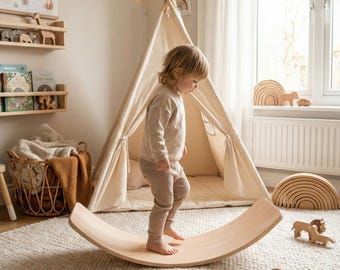 Tavola di equilibrio Montessori | Tavola di equilibrio in legno naturale | Giocattolo per l'apprendimento precoce per movimento libero, yoga e fitness