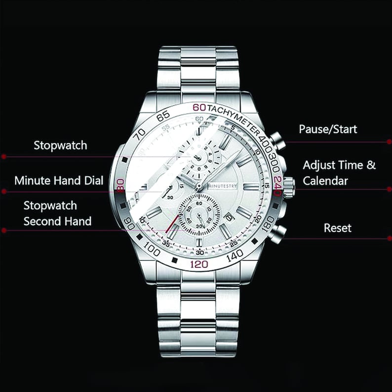 May include: A silver chronograph wristwatch with a white face and black markings. The watch has a tachymeter scale, a date window, and a stopwatch function. The watch is on a silver metal band.