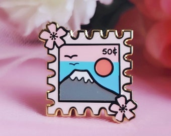 Japan Mount Fuji Stamp Enamel Pin, Beautiful Japan Pin, Pretty Mount Fuji hard enamel pin, Cute Pretty Pink Sakura Pin, Japan Mountain Pin