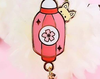 Fox Red Lantern Enamel Pin, Kawaii Cute Fox Asian Lantern hard enamel pin, Pin with dangle charm, Japan Sakura Enamel Pin, Fox Animal pin