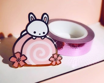 Cute Bunny on Swiss Roll Cake Enamel Pin, Kawaii Cute Pink Pin, Asian Food Dessert enamel pin, Cute Animal Hard Enamel Pin, Japan Sakura Pin