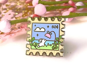 Cute Bunny pin, Kawaii Bunny Pin, White Rabbit Enamel Pin, Nature Pins, Animal Pins, Stamp Style Pin, Pastel Pins