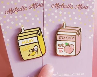 Cute Chibi Juicy Peach Juice Box & Milky Banana Drink Enamel Pin | Kawaii | Gold Hard Enamel Pin | Lapel