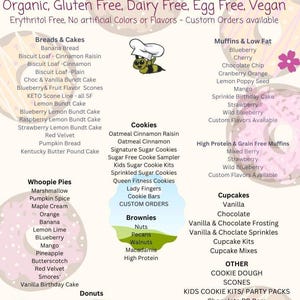 May include: A Bee Well Bakery LLC sugar-free menu featuring a list of organic, gluten-free, dairy-free, egg-free, and vegan baked goods including breads, cakes, muffins, cookies, brownies, whoopie pies, donuts, and cupcakes with a bee graphic.