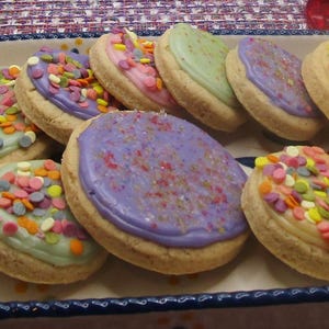 May include: A rectangular ceramic serving dish with dark blue handles and a cream-colored interior featuring a blue dotted rim. The dish is filled with round, flat cookies topped with various colors of smooth icing and multicolored round sprinkles.