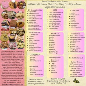 May include: A bakery menu with various gluten-free and vegan options. The menu includes categories like Keto, Sugar Free, High Protein, and AIP/Paleo. The menu also lists DIY decorating kits, cookies, muffins, and other baked goods. The bakery is located in Manorville, New York.