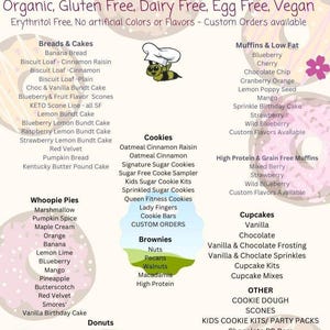 Puede incluir: Men&uacute; de Bee Well Bakery LLC, que ofrece opciones sin az&uacute;car, org&aacute;nicas, sin gluten, sin l&aacute;cteos, sin huevo y veganas. Incluye panes, pasteles, galletas, brownies, muffins, cupcakes, whoopie pies y donas. Se aceptan pedidos personalizados.
