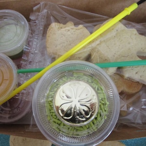 May include: A craft kit in a cardboard box, containing dinosaur-shaped cookies, small containers of icing in various colors, green sprinkles, and paintbrushes. The kit includes a clear plastic bag with the cookies.