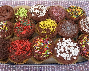 May include: A rectangular tray holding fifteen cupcakes with chocolate frosting, each decorated with various toppings including multi-colored sprinkles, red sprinkles, green sprinkles, yellow sprinkles, white nonpareils, and chocolate jimmies.