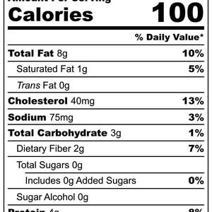 May include: Nutritional information for keto bread, grain-free, gluten-free, dairy-free, and sugar-free. The label shows 100 calories per serving, with 8g of total fat, 4g of protein, and 3g of total carbohydrates. Ingredients include almond flour and Himalayan sea salt.