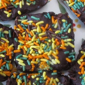 Puede incluir: Primer plano de varios dulces de chocolate cuadrados cubiertos con una colorida variedad de chispas. Las chispas son de color amarillo, naranja, verde y marr&oacute;n. Los dulces est&aacute;n dispuestos en un plato con un dise&ntilde;o floral.
