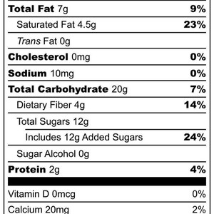 Puede incluir: Informaci&oacute;n nutricional de un brownie sin gluten, sin l&aacute;cteos, vegano, sin huevo, sin frutos secos y sin soja. La etiqueta muestra 140 calor&iacute;as por porci&oacute;n (56g), con detalles sobre grasas, carbohidratos y prote&iacute;nas. Ingredientes: harina de avena org&aacute;nica, mantequilla de coco y chispas vegetales.