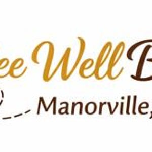 May include: A logo for Bee Well Bakery LLC in Manorville, NY, featuring a cartoon bee with yellow and black stripes, white wings, and a smiling face. The text Bee Well Bakery LLC is written in brown script, with a dashed line forming a heart shape.