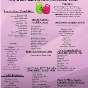 May include: A menu from Bee Well Bakery LLC, offering gluten-free, dairy-free, high-protein options. The menu lists various items, including protein power dough balls, scones, fudgy brownies, breads, cakes, pancakes, and breakfast collagen cookies.