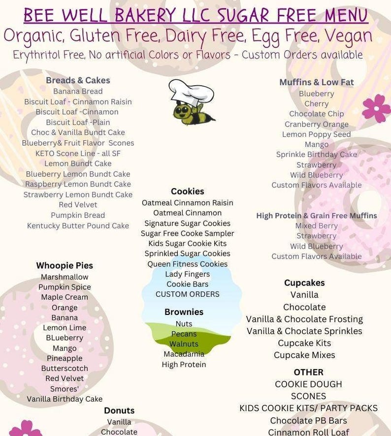 May include: A menu from Bee Well Bakery LLC, offering sugar-free baked goods. The menu lists various breads, cakes, cookies, brownies, muffins, cupcakes, whoopie pies, and donuts. The menu also states that custom orders are available.