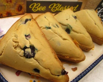 Könnte beinhalten: Vier dreieckige Blaubeerscones, die in einer Reihe auf einem weißen Keramik-Serviertablett mit blauem Rand angeordnet sind. Die Scones haben eine goldbraune Kruste mit sichtbaren dunkelblauen Beeren im hellen Teig und kleinen Rissen.
