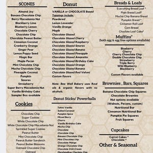 May include: A printed menu for Bee Well Bakery LLC featuring a list of keto-friendly items including scones, donuts, breads, loaves, muffins, cookies, donut sticks, powerballs, brownies, bars, squares, cupcakes, and seasonal treats on a beige background.