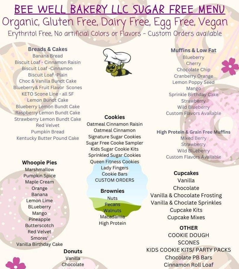 May include: A menu from Bee Well Bakery LLC, advertising sugar-free baked goods. The menu lists breads, cakes, whoopie pies, donuts, cookies, brownies, muffins, cupcakes, and other items. The menu is decorated with images of baked goods.