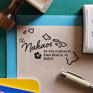 Hawaii w/ Hibiscus Flower Return Address Stamp (Personalized, Custom, Housewarming Gift, Realtor Closing Gift, State Pride)