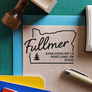 Oregon w/ Fir Tree Return Address Stamp (Personalized, Custom, Housewarming Gift, Realtor Closing Gift, State Pride)