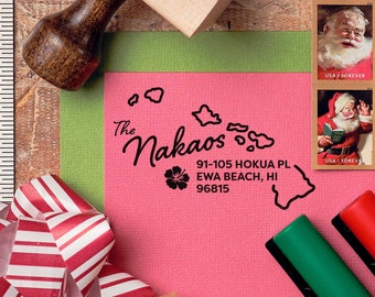 Hawaii w/ Hibiscus Flower Return Address Stamp (Personalized, Custom, Housewarming Gift, Realtor Closing Gift, State Pride)