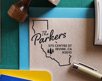 California w/ Redwood Trees Return Address Stamp (Personalized, Custom, Housewarming Gift, Realtor Closing Gift, State Pride)