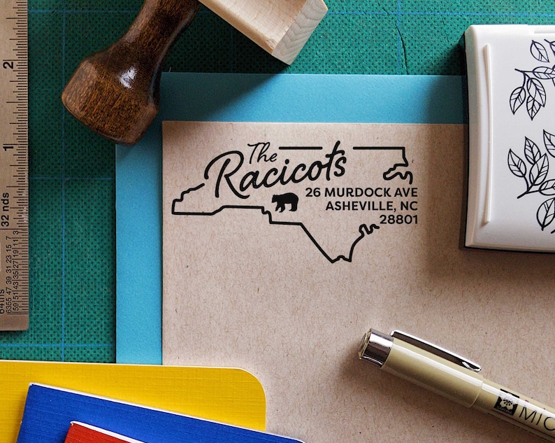 North Carolina w Black Bear Return Address Stamp Personalized, Custom, Housewarming Gift, Realtor Closing Gift, State Pride