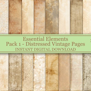 Essential Elements Pack 1 Distressed Journal Pages im Vintage-Stil. 20 Designs. Sofortiger digitaler Download. Bedruckbares Papier
