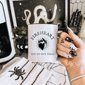 Throne of glass fireheart ceramic mug with black handle | officially licensed Sarah J Maas, bookish mugs, bookish gifts, fantasy book mug