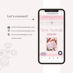 Pode incluir: Um smartphone exibe um site com o texto "New Arrivals". O endere&ccedil;o do site &eacute; romantasydesigns.com. A imagem tamb&eacute;m inclui o texto "Let's connect!" e informa&ccedil;&otilde;es de m&iacute;dia social.