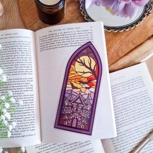 Halloween haunted house stained glass style transparant bookmark, bookish gifts, fantasy books
