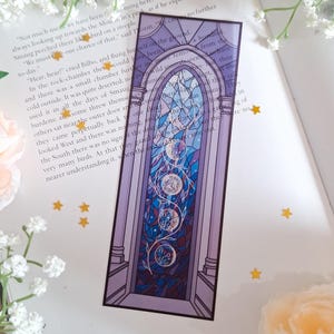 Blauwe venster en maanfase transparante bladwijzer in glas-in-loodstijl, leesgrage cadeaus, fantasieboeken