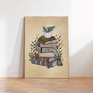 Fantasy Book Stack Art Print: Baby Dragon Library Decor