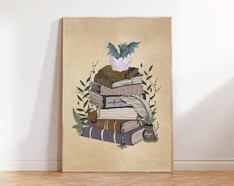 Puede incluir: Una pila de libros antiguos con un pequeño dragón azul naciendo de un huevo en la parte superior. Los libros están decorados con detalles dorados y una pluma descansa sobre la pila. El fondo es un papel pergamino marrón claro.