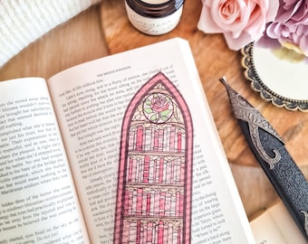 Pink bookshelf stained glass style transparant bookmark, bookish gifts, fantasy books