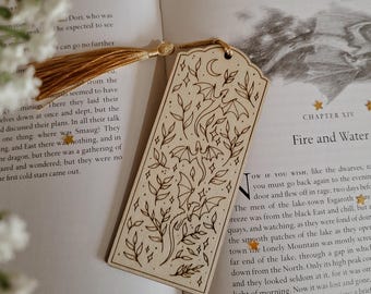 Dragon Engraved Wooden Bookmark with Gold Tassel: Fantasy Gift