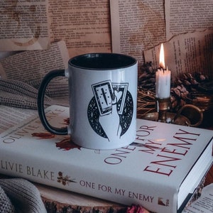 enemies to lovers tarot 11oz coffee mug with black handle,  bookish mugs, bookworm gifts, gifts for readers, bookworm mugs, reader gifts