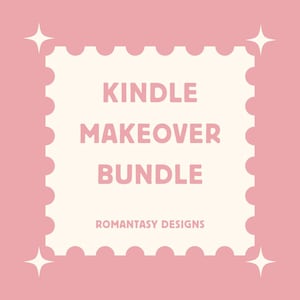 Peut inclure: Graphique carré rose avec une bordure festonnée et des étoiles. Le texte "KINDLE MAKEOVER BUNDLE" est affiché en rose, avec "ROMANTASY DESIGNS" en dessous. Le design a une esthétique douce et féminine.