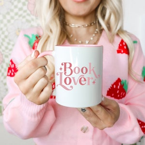 Book Lover 11oz ceramic mug with pink handle and inside, bookish mugs, reader gifts, bookworm gift, book lover gifts, girly bookish mugs