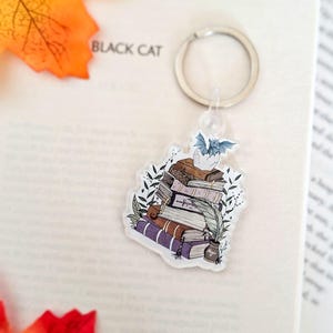 Book stack and dragon keyring / fantasy keychains illustrated bookmark / bookworm gifts, reader gifts