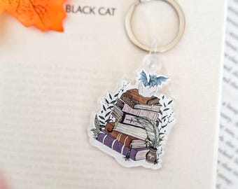 Book stack and dragon keyring / fantasy keychains illustrated bookmark / bookworm gifts, reader gifts